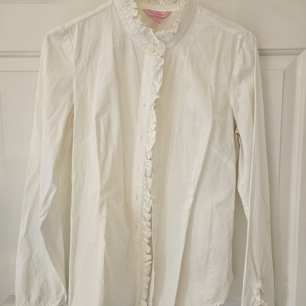 Lilly Pulitzer white ruffle button down shirt